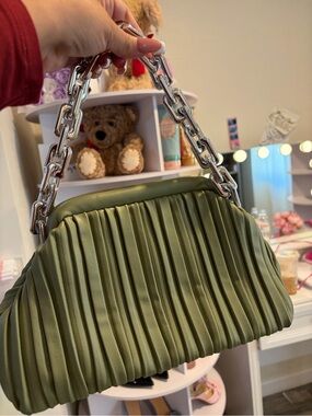 Olive Green Pleated Shoulder Bag with Silver Chain